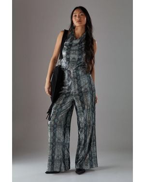 Warehouse Petite Snake Sequin Cowl Neck Drop Waist Jumpsuit - Grey
