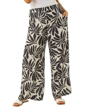 Roman Curve Leaf Print Metallic Wide Leg Trouser - Black