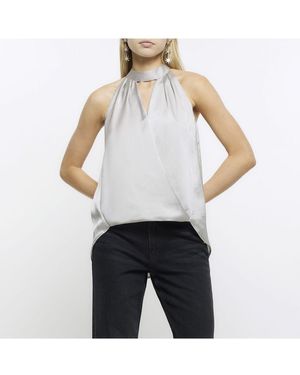 River Island Top Silver Halter Neck Satin Sleeveless - Blue