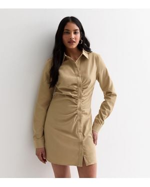 Gini London Ruched Asymmetric Button Through Shirt Dress - Brown