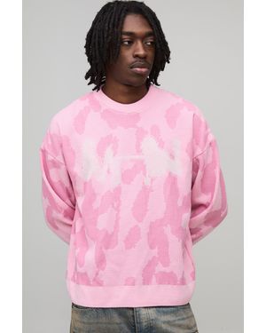 BoohooMAN Oversized Boxy Ribbed Camo Graphic Knitted Jumper - Pink