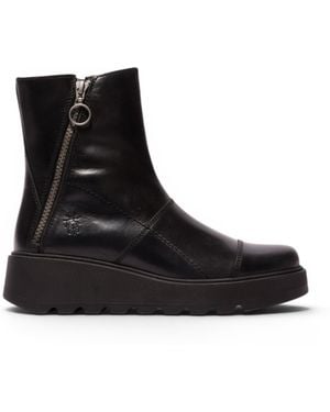 Fly London Leather Zip-Up Platform Ankle Boots - Black