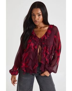 Boohoo Floral Ruffle Chiffon Blouse - Red