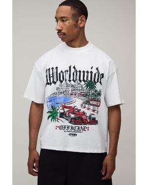 BoohooMAN Oversized Boxy Monaco Racing Print T-Shirt Cotton - Grey