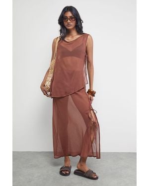 Warehouse Chiffon Tie Side Column Midi Skirt - Red