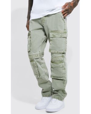 BoohooMAN Relaxed Fit Washed Multi Pocket Cargo Jeans - Green