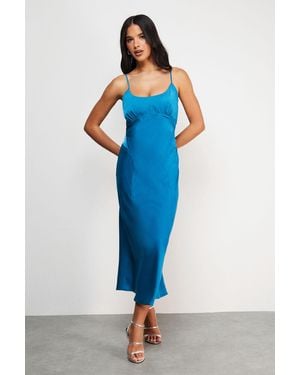 Warehouse Satin Tie Bust Seam Strappy Midi Slip Dress - Blue