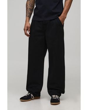 BoohooMAN Relaxed Fit Half & Waistband Washed Twill Trouser - Black