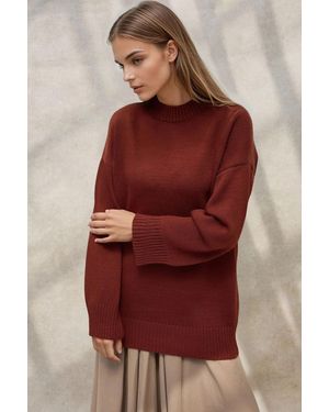 Hiccup Thick Knit Crew Neck Long Jumper - Red