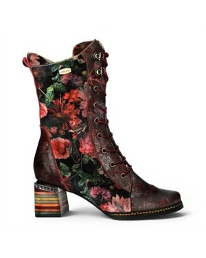 Laura Vita Goth Victorian Floral Leather High Lace-Up Boots - Brown
