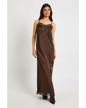 Boohoo Satin Lace Mix Column Maxi Dress - Brown