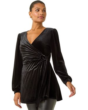 Roman Velvet Pleated Wrap Top - Black