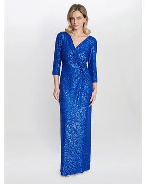 Gina Bacconi Jacynda Sequin 3/4 Sleeve Wrap Dress With Twist - Blue