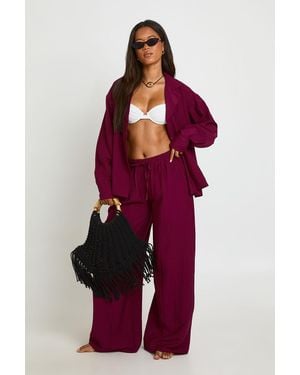 Boohoo Linen Look Wide Leg Beach Trousers - Red