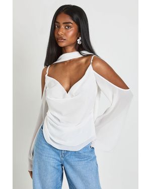 Boohoo Chiffon Cold Shoulder Scarf Detail Blouse - White