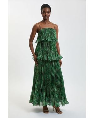 Karen Millen Spot Print Pleated Slub Organdie Peplum Woven Maxi Dress - Green