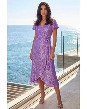 Roman Sequin Wrap Front Midi Dress - Purple