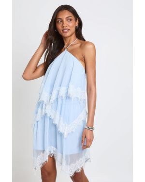 Boohoo Tall Crinkle Chiffon & Lace Layered Mini Dress - Blue