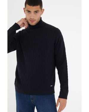 Threadbare Cable Knit Roll Neck Jumper - Blue