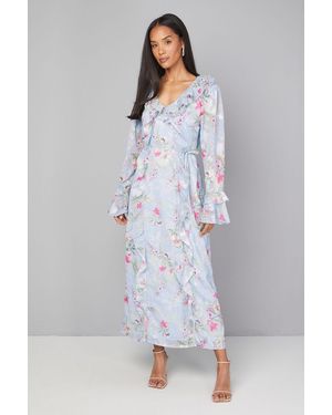 Wallis Floral Ruffle Belted Midaxi Dress - Grey
