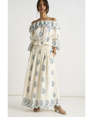 Gini London Marshmallow Cotton Embroidered Skater Maxi Skirt - Natural