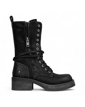 Windsor Smith Windsorsmith Suede Combat Boots Mid-Calf Lace-Up Biker Shoes - Black