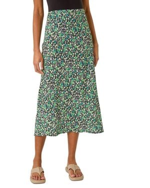 Roman Floral Print Elastic Waist Midi Skirt - Green