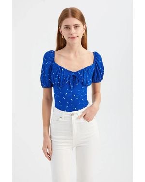 Hiccup Floral Sweetheart Neck Short Sleeve Blouse - Blue