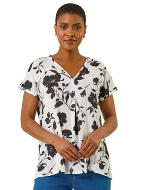 Roman Mono Floral Print Pleat Front Top - Grey