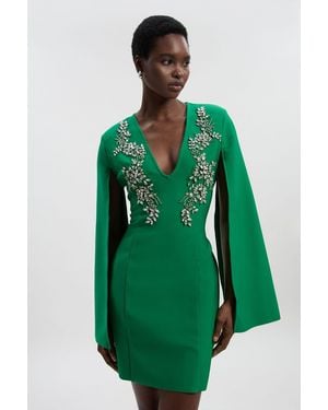 Karen Millen Bandage Form Fitting Cape Sleeve Embellished Mini Dress - Green