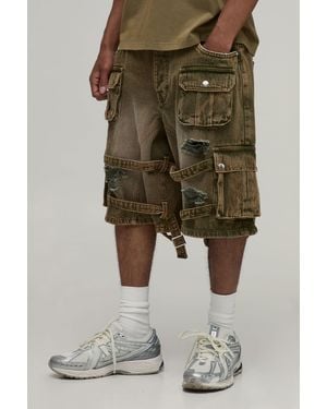 BoohooMAN Parachute Extreme Washed Multi Cargo Ripped Shorts - Green