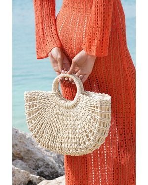 Quiz Natural Straw Round Handle Bag - Red