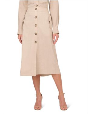 Adrianna Papell Long A-Line Button Front Flap Pockets Utility Skirt - Natural
