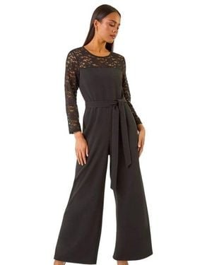 Roman Petite Lace Contrast Stretch Jumpsuit - Black