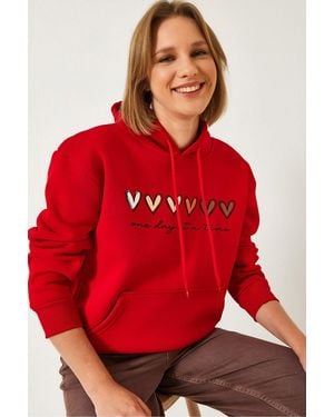 Bianco Lucci Hooded Cotton Motto Hoodie With Pocket - Red