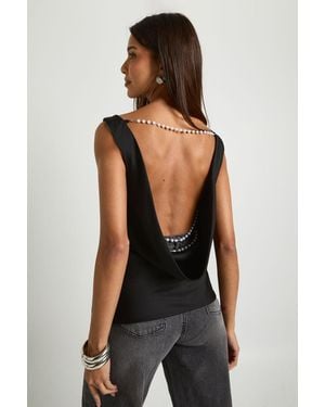 Boohoo Pearl Trim Satin Cowl Neck Top - Black