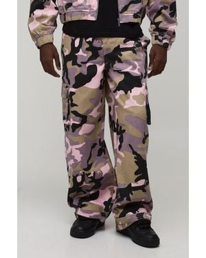 BoohooMAN Baggy Fit Camo Print Twill Trousers - Black
