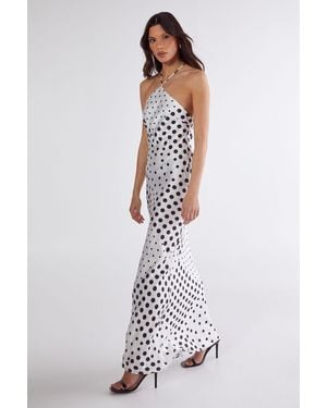 Nasty Gal Satin Polka Dot Halter Neck Cowl Back Maxi Dress - White