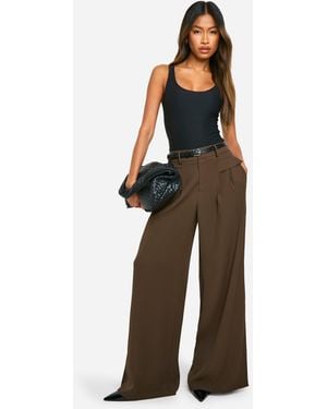 Boohoo Fluid Belted Wide Leg Trousers - Brown