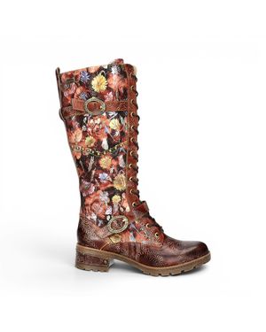 Laura Vita Victorian Floral Leather High Lace-Up Long Boots - Brown