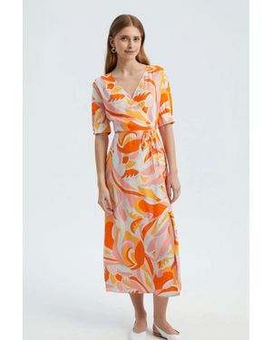 Hiccup Abstract Surplice Neck Short Sleeve Maxi Dress With A Side Slit - Orange