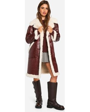 Boohoo Faux Leather Teddy Trim Longline Aviator Jacket - Red