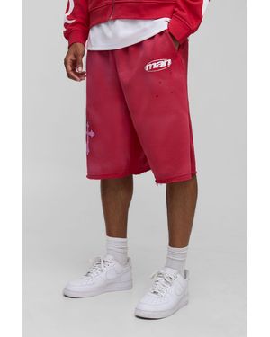 BoohooMAN Cross Graphic Washed Distressed Jersey Jorts - Red