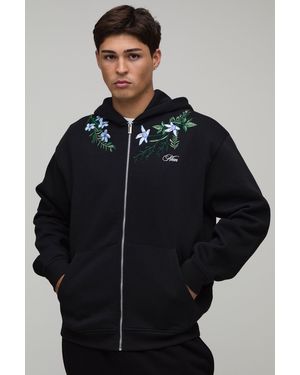 BoohooMAN Oversized Boxy Floral Embroidered Zip Through Hoodie - Blue