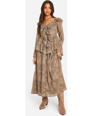 Boohoo Textured Ruffle Front Midaxi Dress - Natural