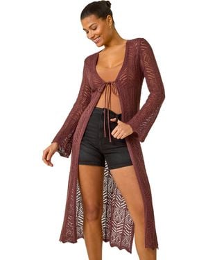 Roman Longline Tie Cotton Blend Knit Cardigan - Red