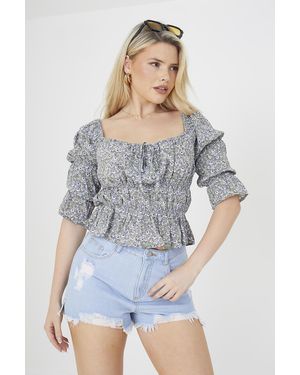 Brave Soul Pale 'Flora' Square Neck Ruched Top - Blue