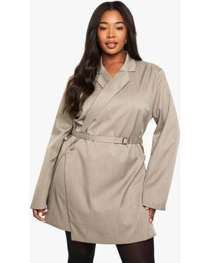 Boohoo Plus Marl Belted Blazer Dress - Natural