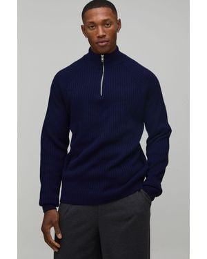 BoohooMAN Regular Fit 1/4 Zip Raglan Funnel Neck Jumper - Blue