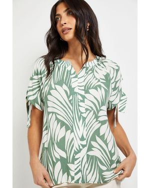 Wallis Abstract Tie Sleeve Collarless Top - Green
